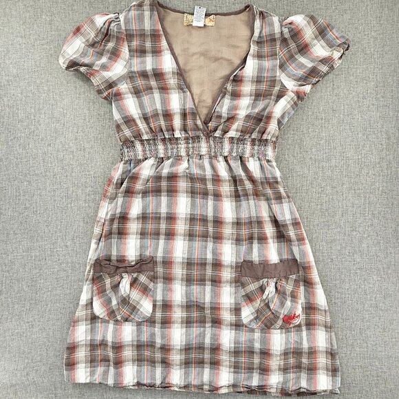 Billabong Vintage Plaid Dress Lined Low V-Neck Short Sleeve 100% Cotton Large - Picture 1 of 14